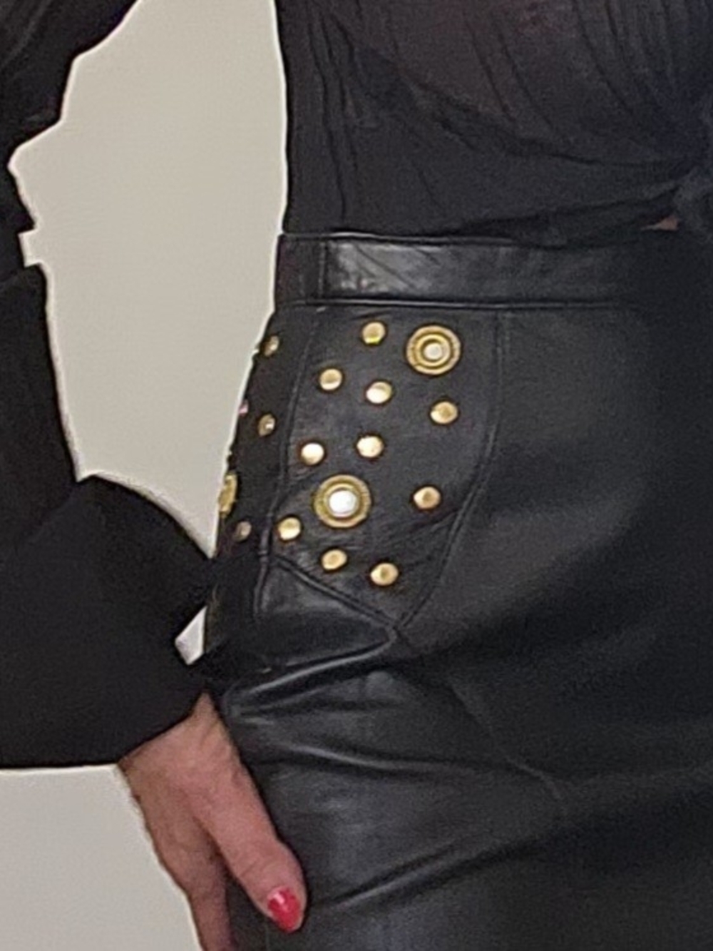Dali Melamé Paris Vintage Genuine Leather Studded Pencil Skirt - Picture 4 of 6